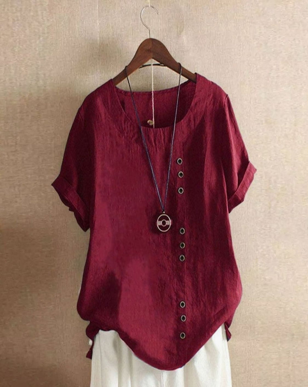 Women's Loose-Fit Short-Sleeve Asymmetric Button Crew Neck Blouse