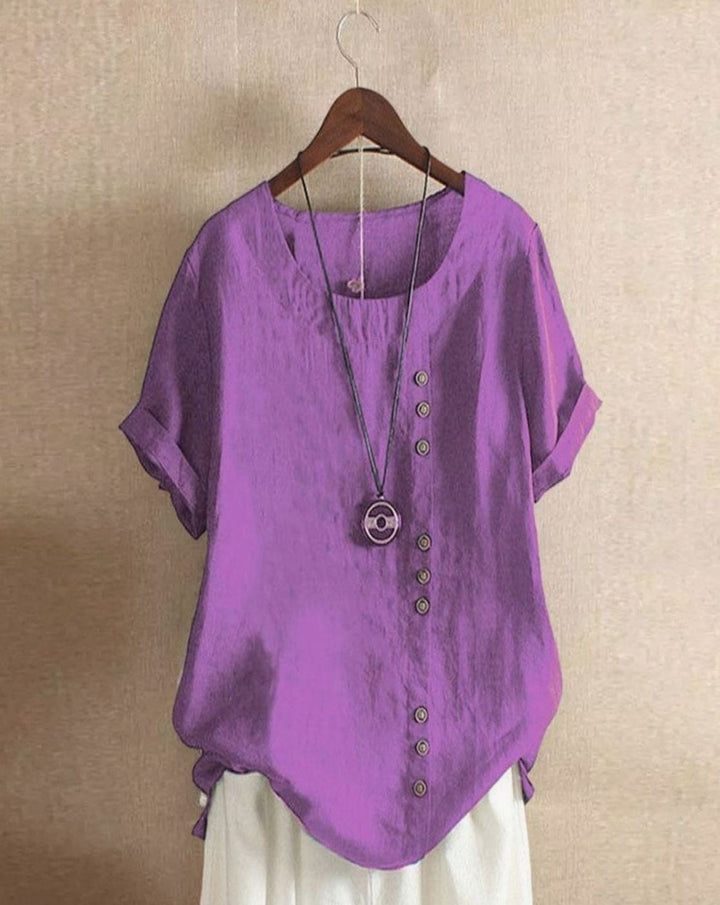 Women's Loose-Fit Short-Sleeve Asymmetric Button Crew Neck Blouse