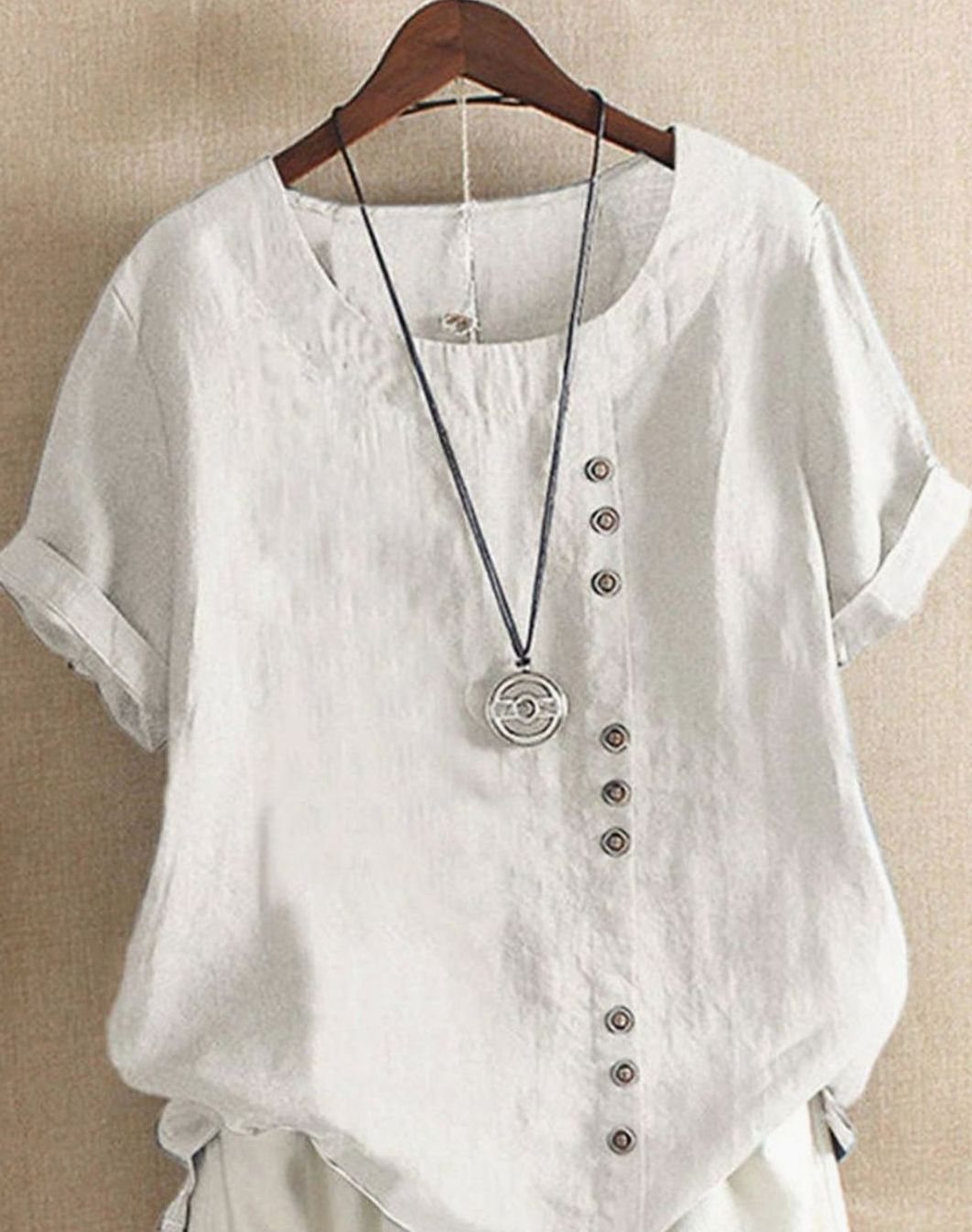 Women's Loose-Fit Short-Sleeve Asymmetric Button Crew Neck Blouse