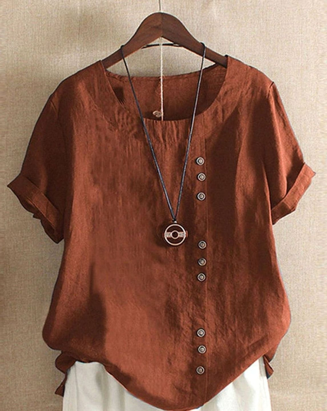 Women's Loose-Fit Short-Sleeve Asymmetric Button Crew Neck Blouse