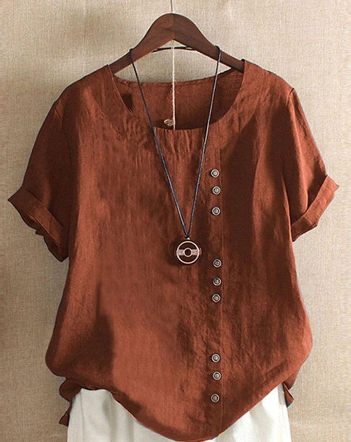 Women's Loose-Fit Short-Sleeve Asymmetric Button Crew Neck Blouse