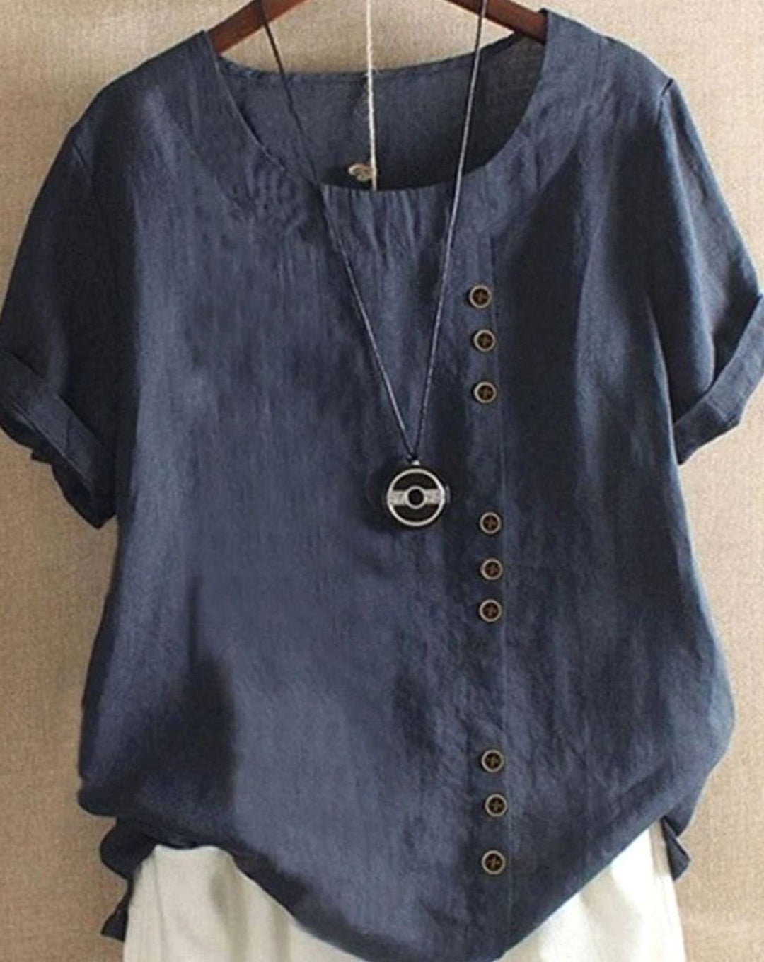 Women's Loose-Fit Short-Sleeve Asymmetric Button Crew Neck Blouse