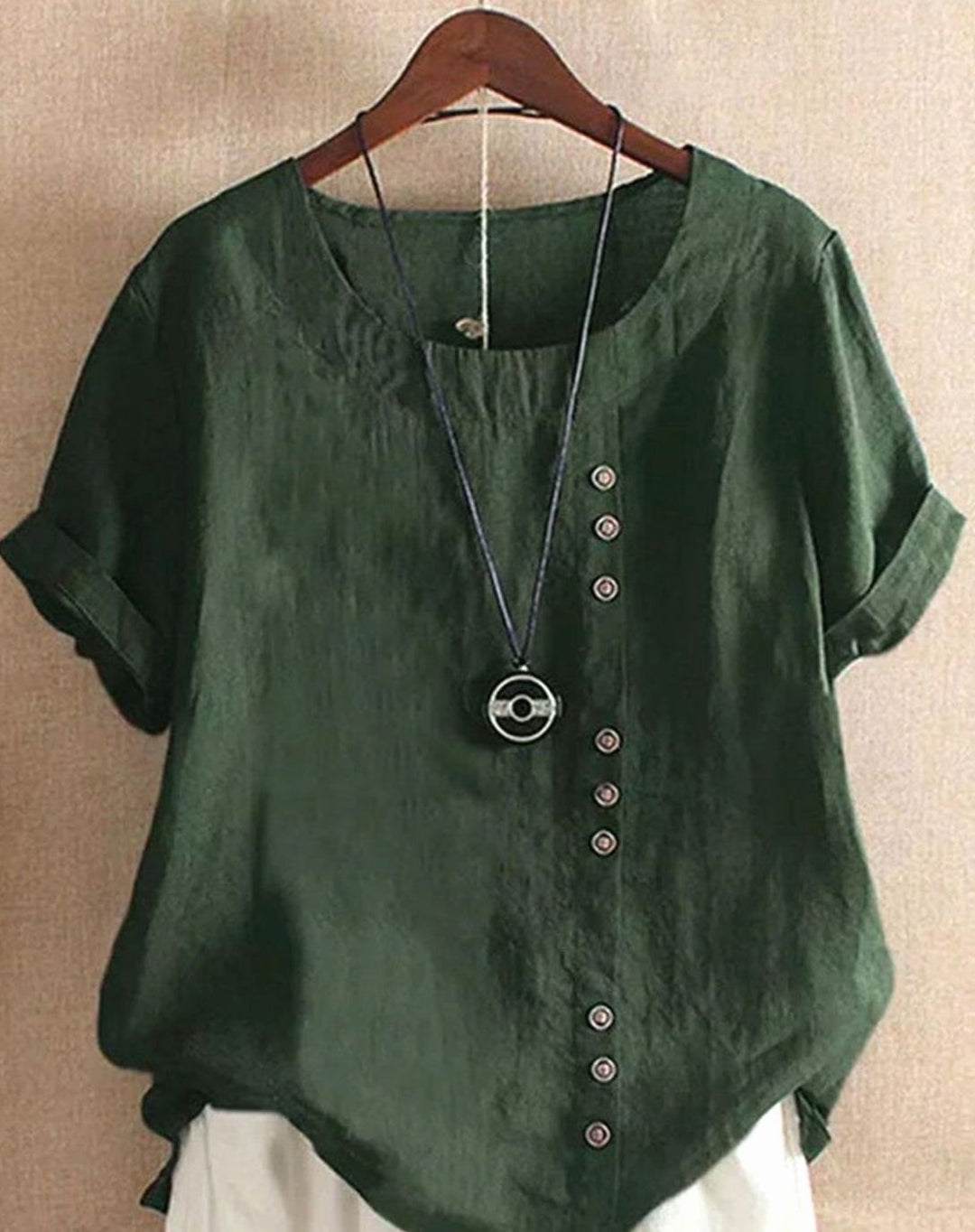 Women's Loose-Fit Short-Sleeve Asymmetric Button Crew Neck Blouse