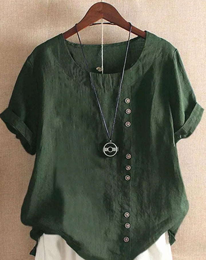 Women's Loose-Fit Short-Sleeve Asymmetric Button Crew Neck Blouse