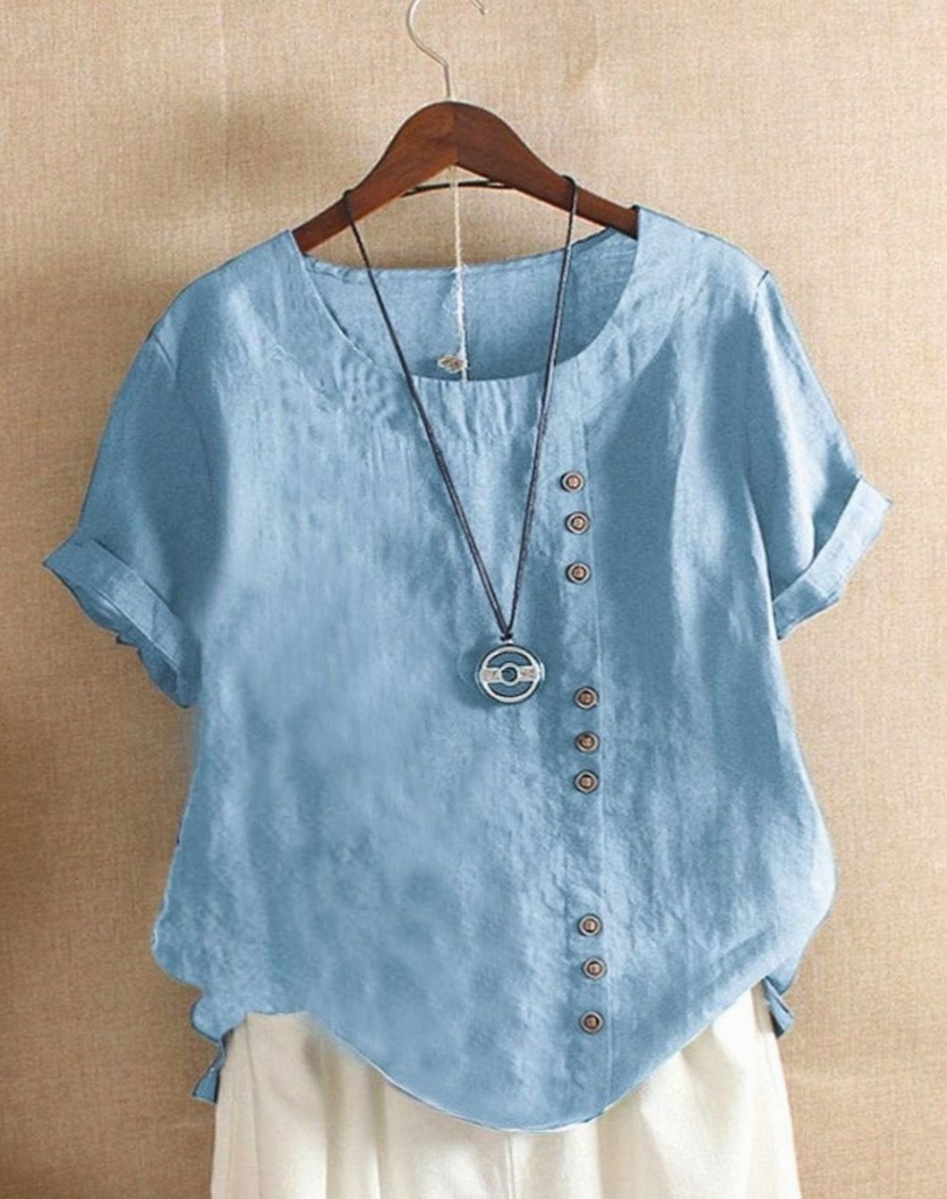 Women's Loose-Fit Short-Sleeve Asymmetric Button Crew Neck Blouse