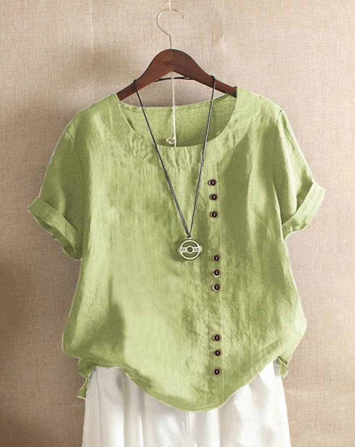 Women's Loose-Fit Short-Sleeve Asymmetric Button Crew Neck Blouse