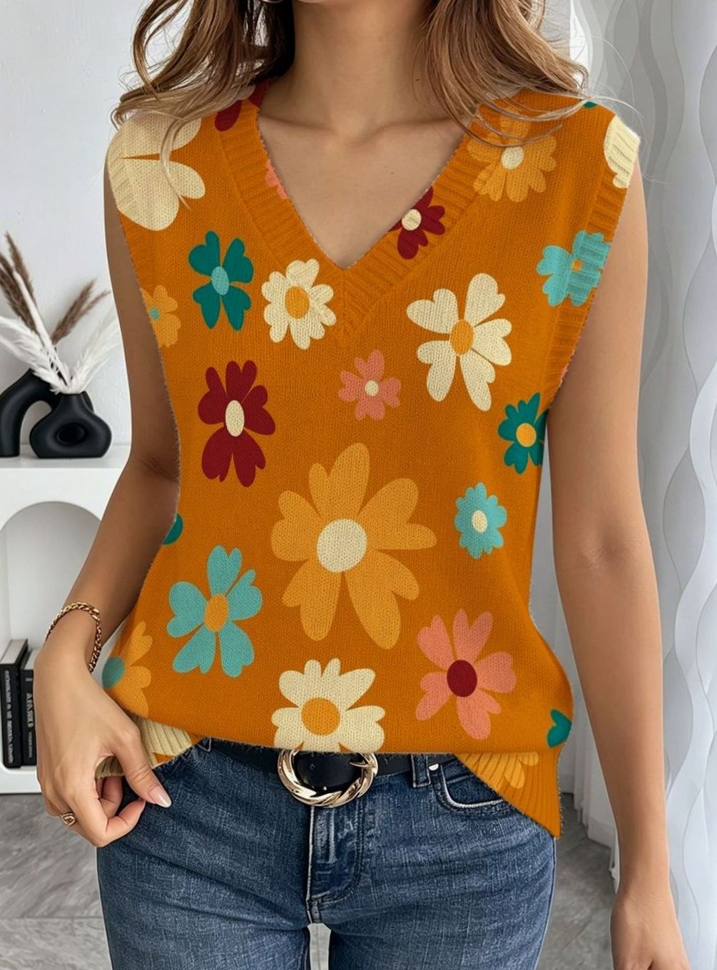 Women's Loose-Fit Sleeveless Tie-Neck Geometric Print Blouse, Green