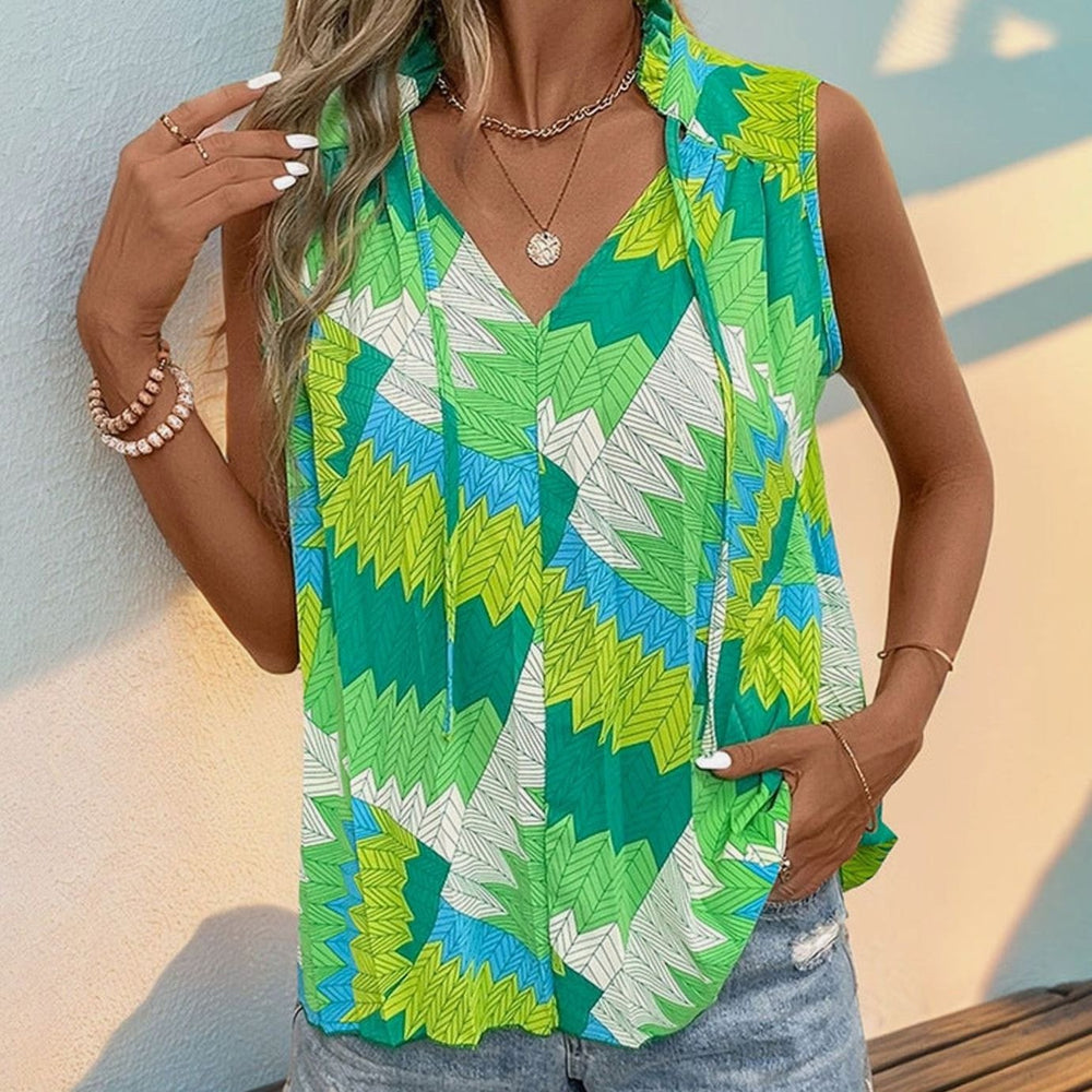 Women's Loose-Fit Sleeveless Tie-Neck Geometric Print Blouse, Green