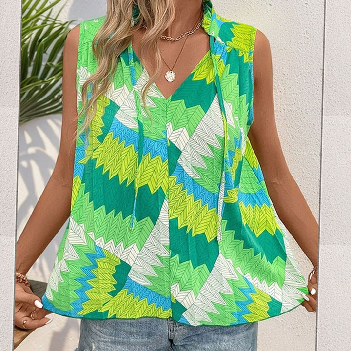 Women's Loose-Fit Sleeveless Tie-Neck Geometric Print Blouse, Green