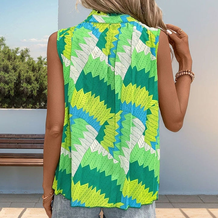Women's Loose-Fit Sleeveless Tie-Neck Geometric Print Blouse, Green