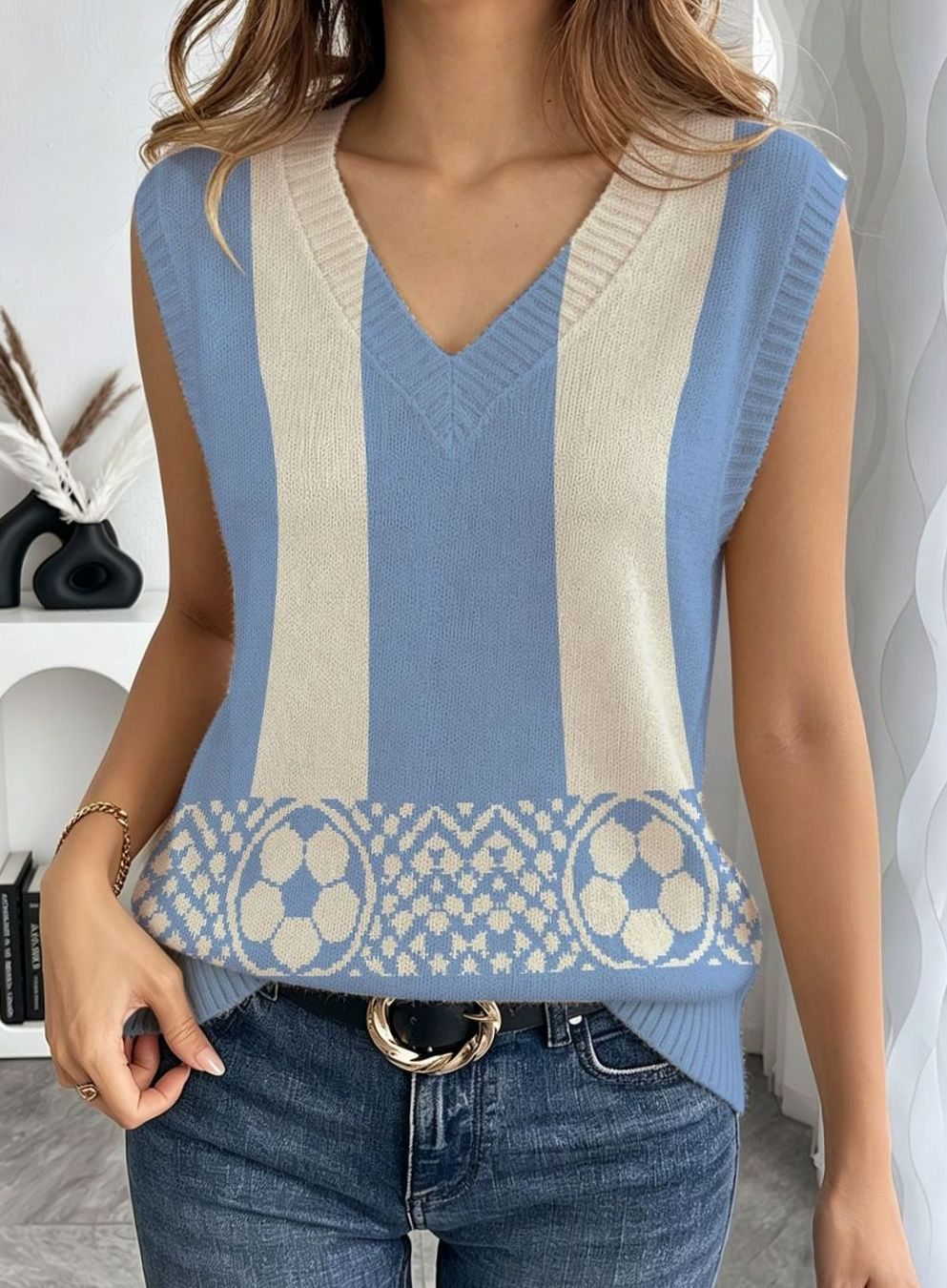 Women's Loose-Fit Sleeveless Tie-Neck Geometric Print Blouse, Green - Blue