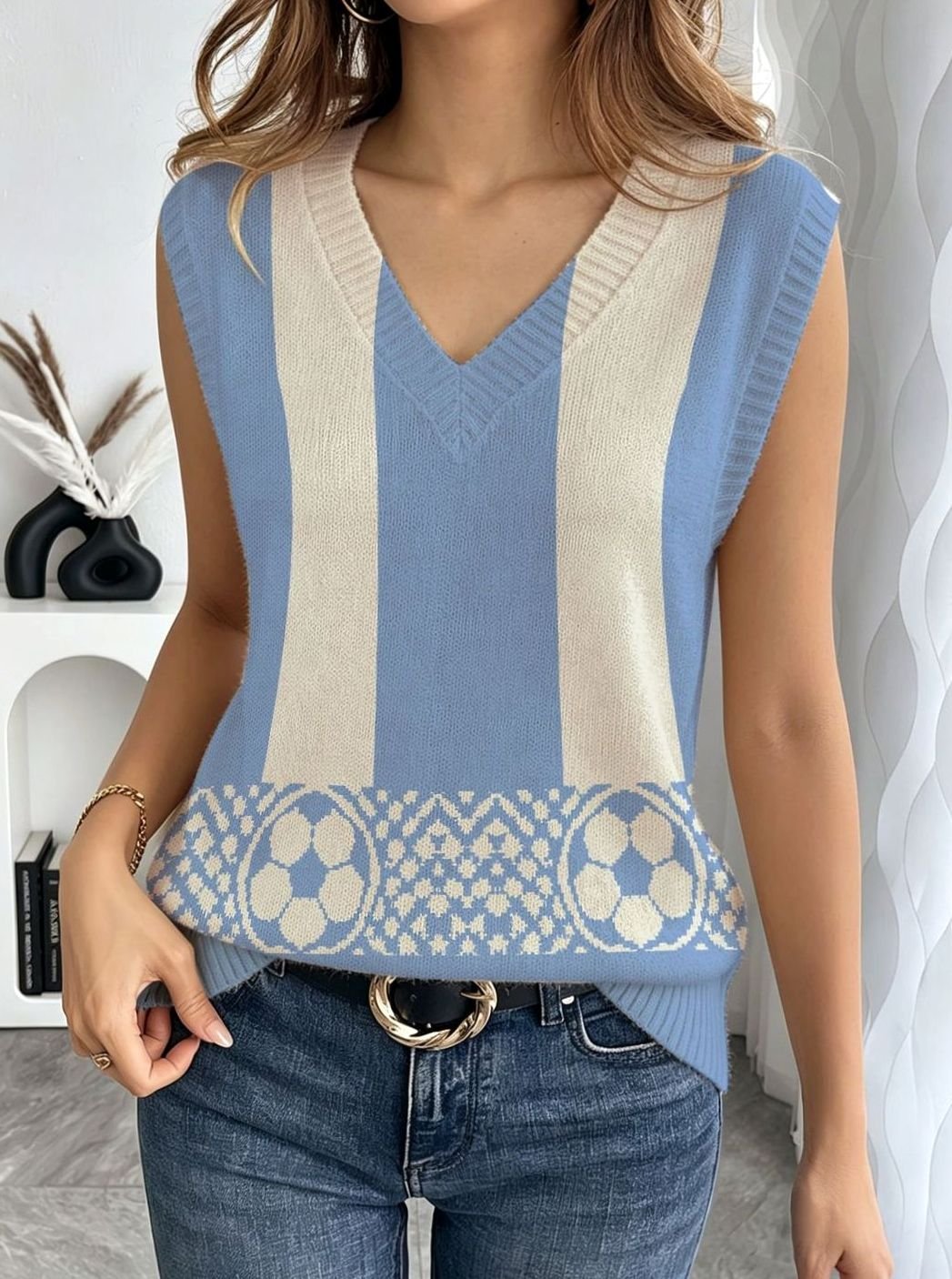 Women's Loose-Fit Sleeveless Tie-Neck Geometric Print Blouse, Green