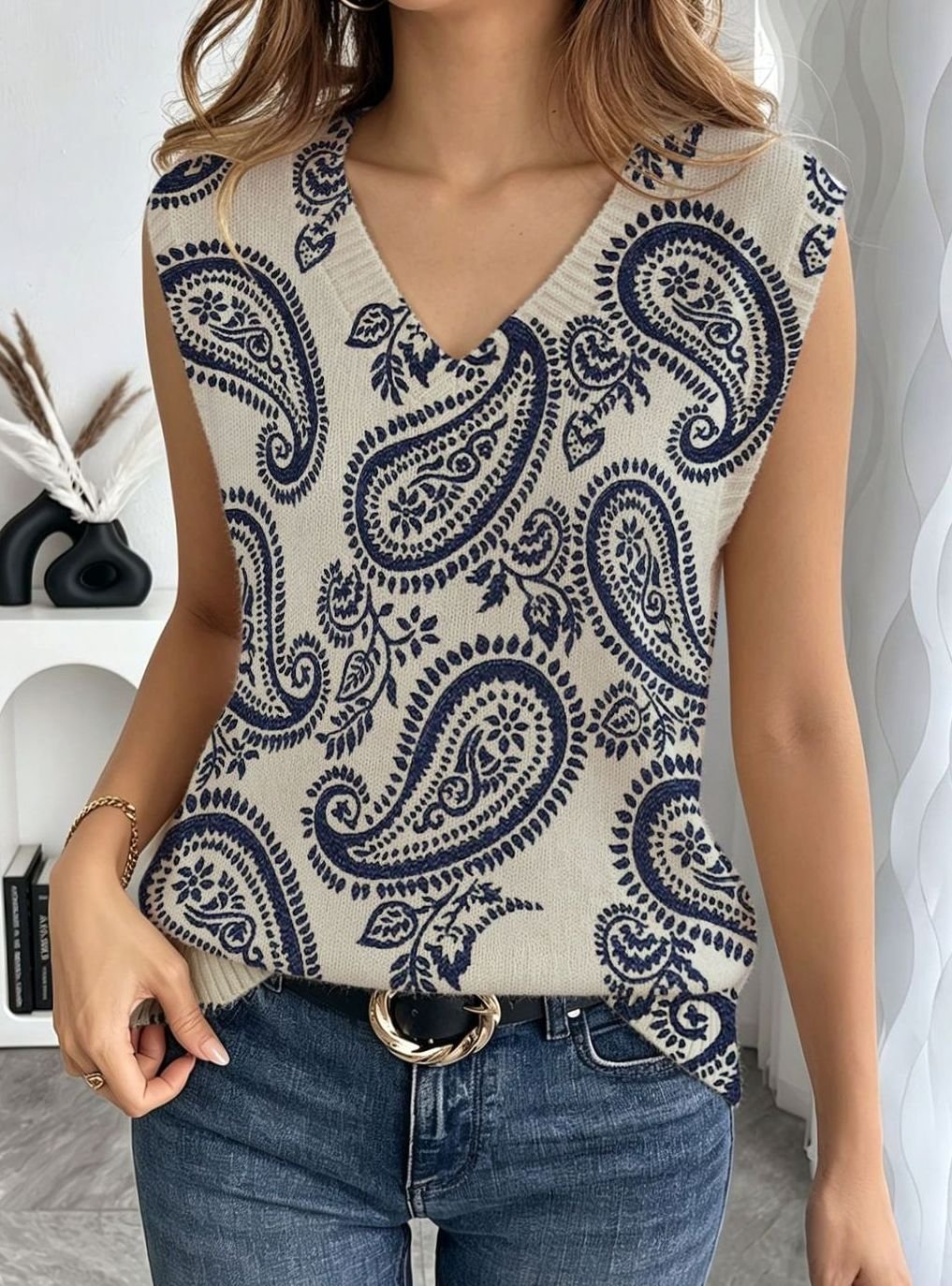 Women's Loose-Fit Sleeveless Tie-Neck Geometric Print Blouse, Green