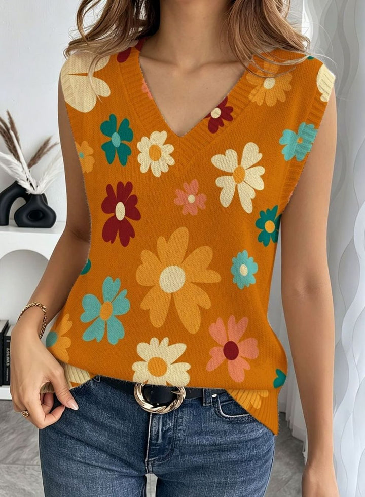 Women's Loose-Fit Sleeveless Tie-Neck Geometric Print Blouse, Green - Orange