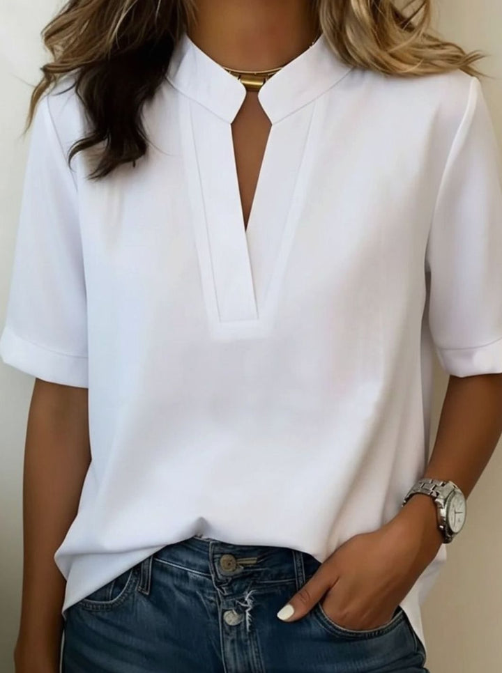 Women's Loose-Fit V-Neck Stand Collar Short Sleeve Blouse