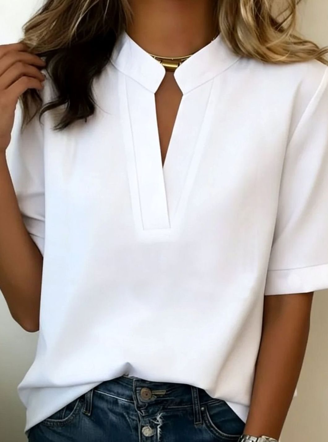 Women's Loose-Fit V-Neck Stand Collar Short Sleeve Blouse