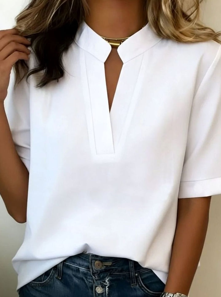 Women's Loose-Fit V-Neck Stand Collar Short Sleeve Blouse