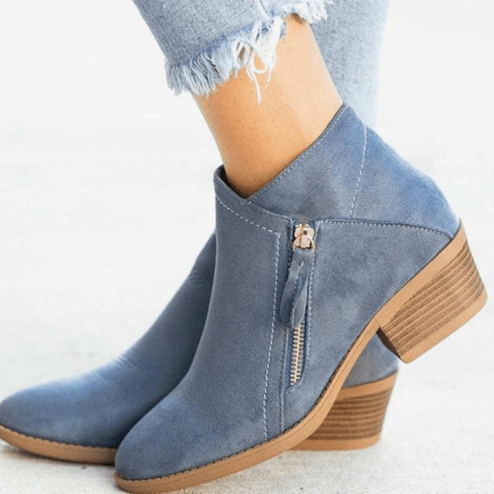 Women's Low Block Heel Side-Zip Ankle Boots - Blue