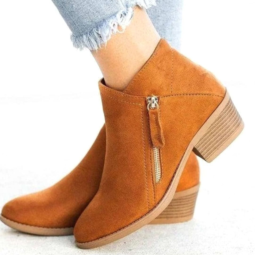 Women's Low Block Heel Side-Zip Ankle Boots - Orange