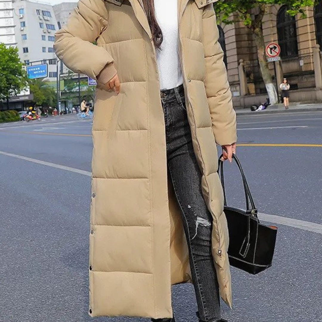 Women's Maxi Quilted Puffer Coat Hooded Zip-Up Winter Jacket - Khaki