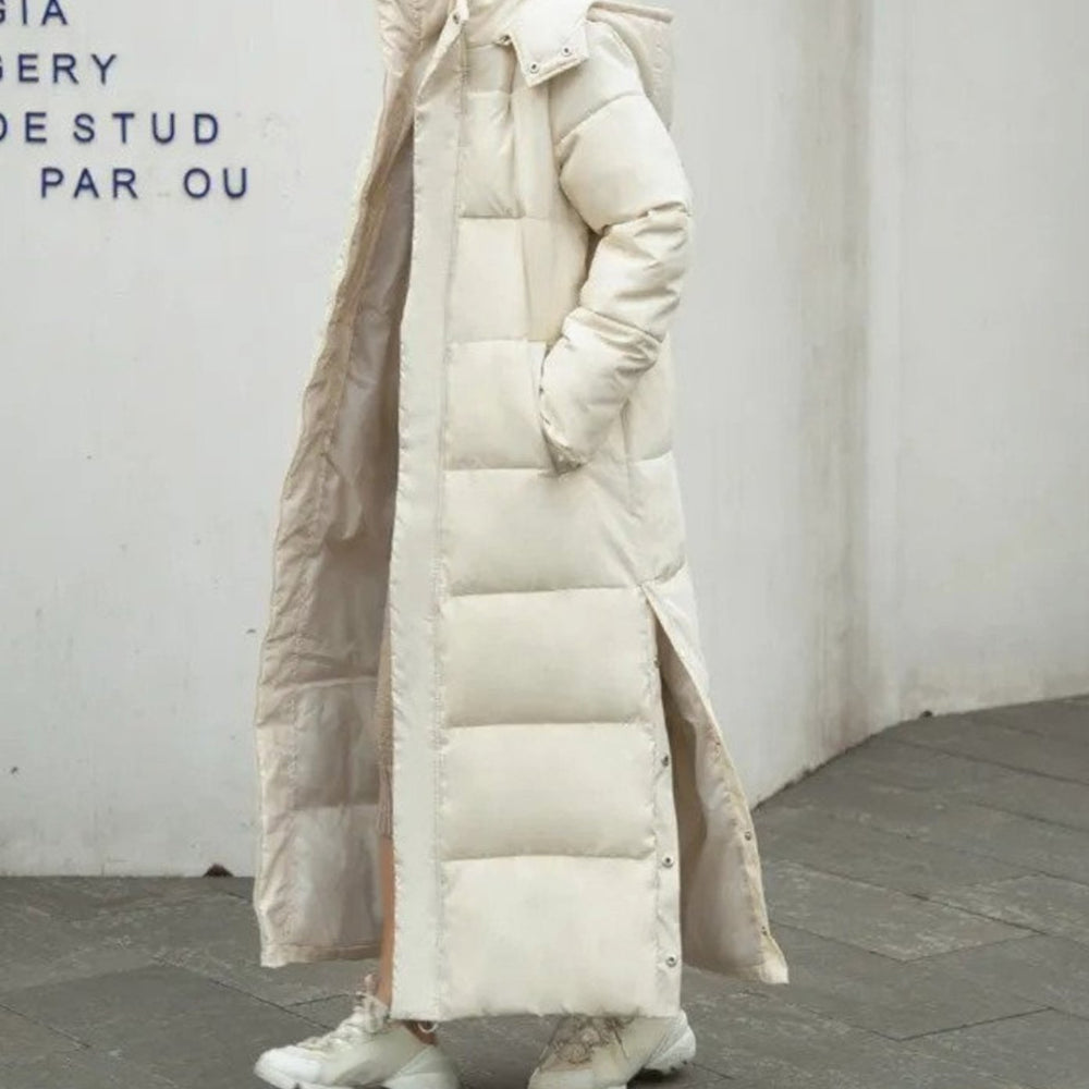 Women's Maxi Quilted Puffer Coat Hooded Zip-Up Winter Jacket - Beige