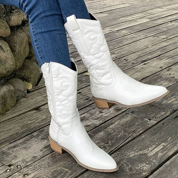 Women's Metallic Embroidered Block-Heel Knee-High Cowboy Boots - White