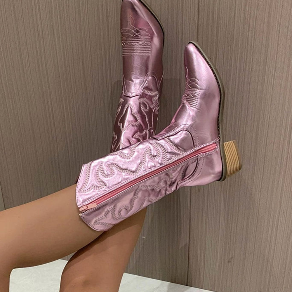 Women's Metallic Embroidered Block-Heel Knee-High Cowboy Boots