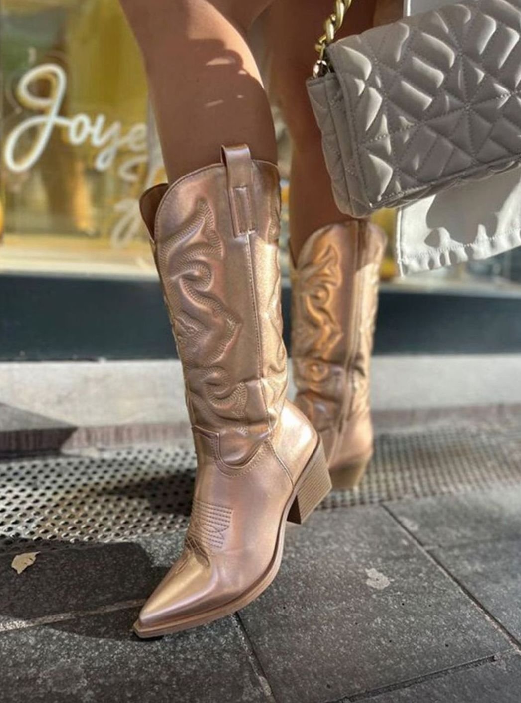 Women's Metallic Embroidered Block-Heel Knee-High Cowboy Boots