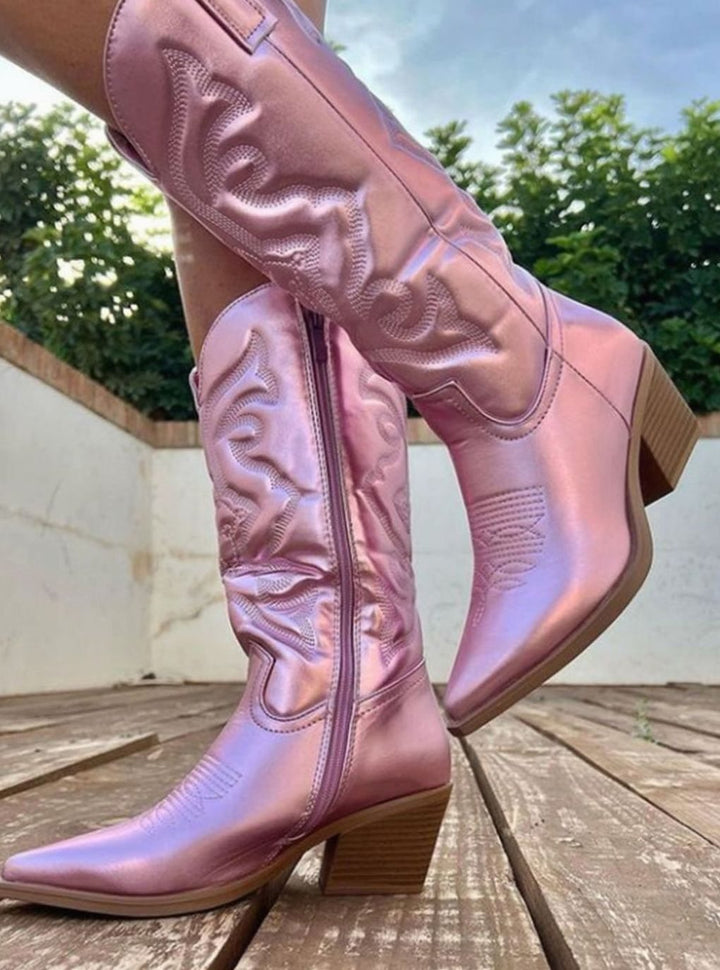 Women's Metallic Embroidered Block-Heel Knee-High Cowboy Boots