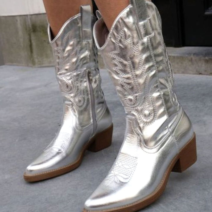 Women's Metallic Embroidered Block-Heel Knee-High Cowboy Boots - Silver