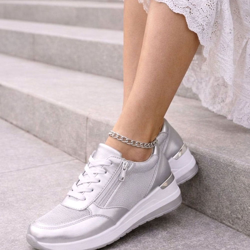 Women's Metallic Wedge Platform Lace-Up Side-Zip Trainers