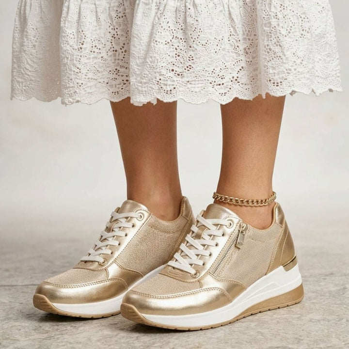 Women's Metallic Wedge Platform Lace-Up Side-Zip Trainers