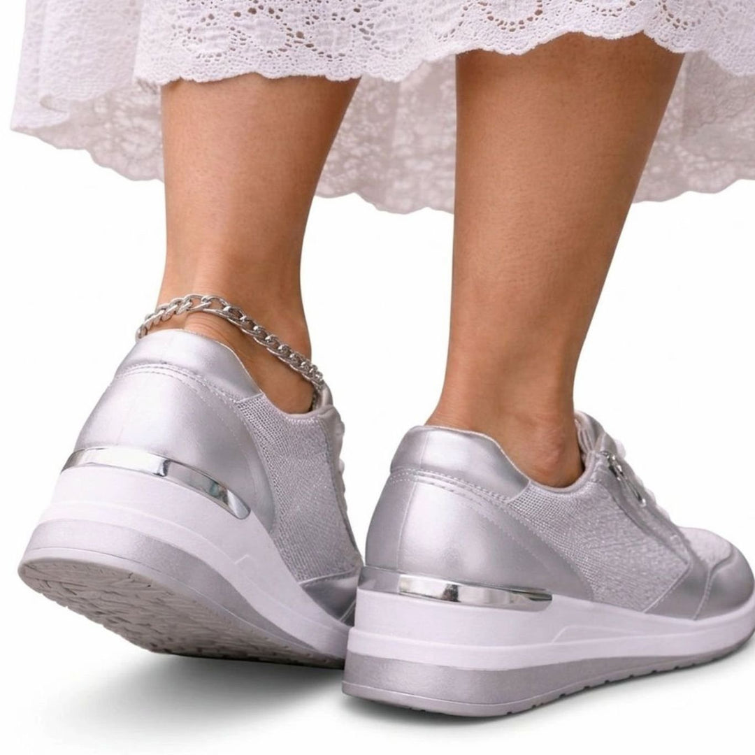 Women's Metallic Wedge Platform Lace-Up Side-Zip Trainers