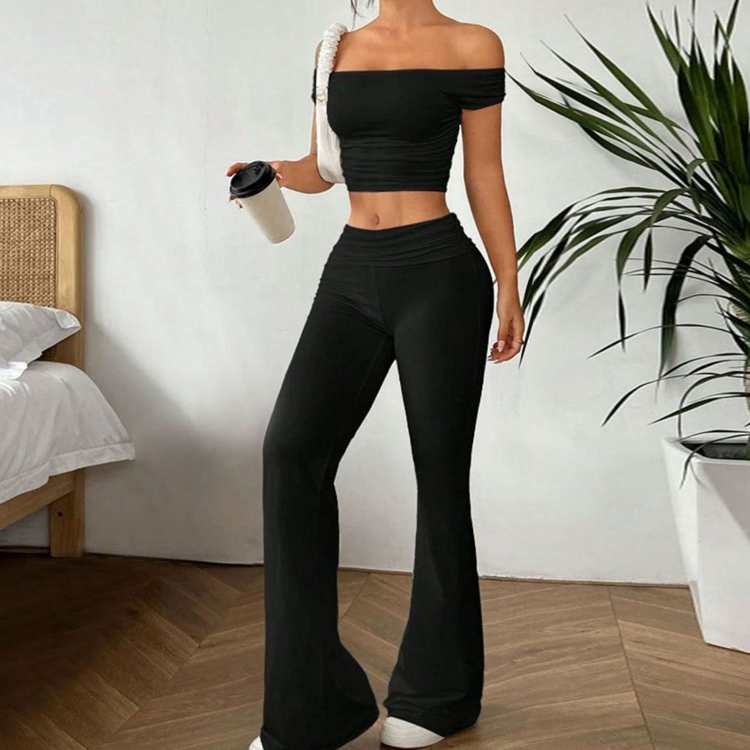 Women's Off-Shoulder Cropped Top Flared Trousers Two-Piece Set