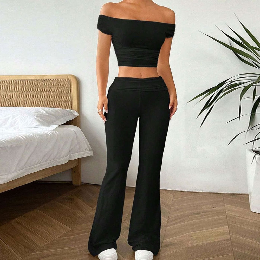 Women's Off-Shoulder Cropped Top Flared Trousers Two-Piece Set