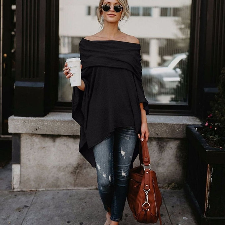 Women's Off-Shoulder Oversized Long-Sleeve Asymmetric Tunic Top - Black
