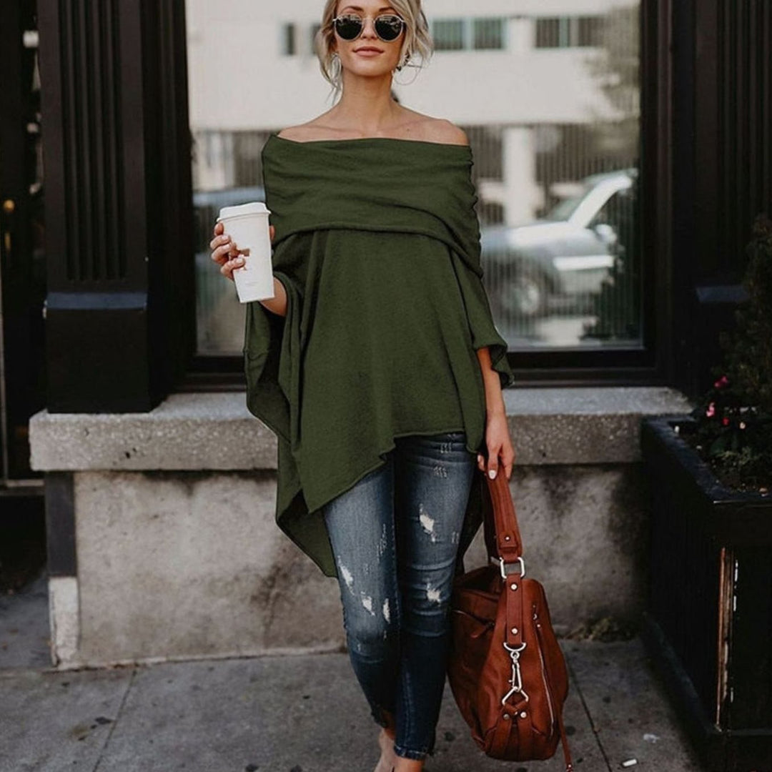 Women's Off-Shoulder Oversized Long-Sleeve Asymmetric Tunic Top - Green