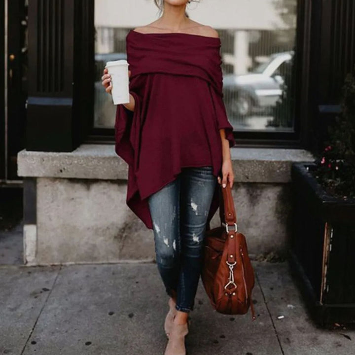 Women's Off-Shoulder Oversized Long-Sleeve Asymmetric Tunic Top - Red