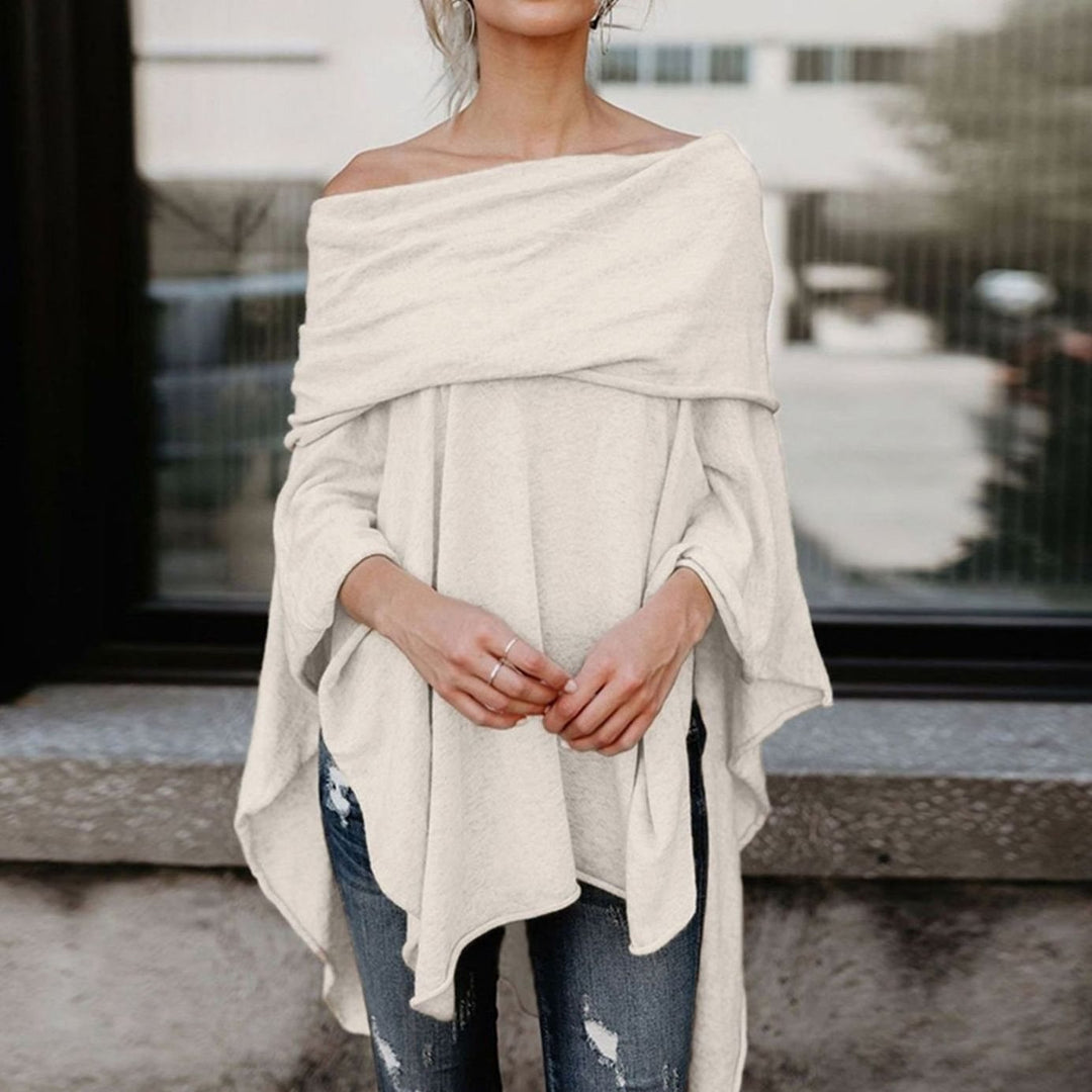 Women's Off-Shoulder Oversized Long-Sleeve Asymmetric Tunic Top - Beige