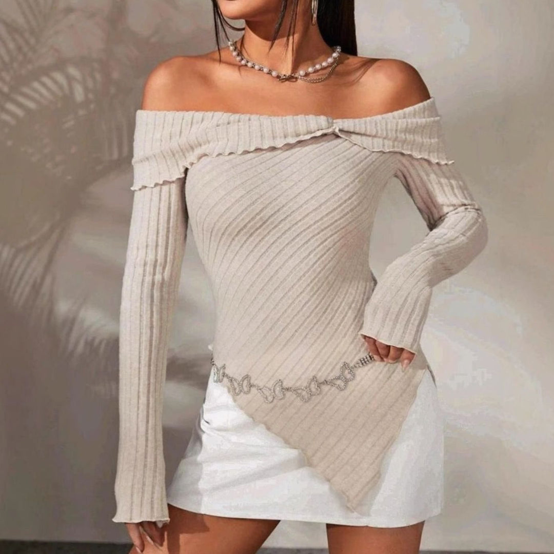 Women's Off-Shoulder Ribbed Knit Asymmetric Hem Long-Sleeve Top, Beige