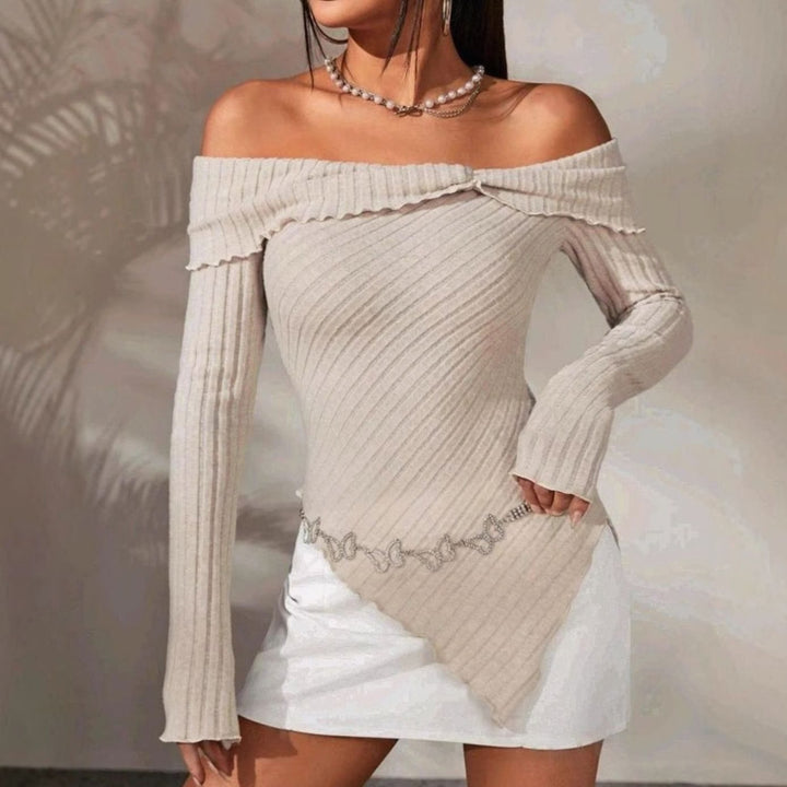Women's Off-Shoulder Ribbed Knit Asymmetric Hem Long-Sleeve Top, Beige