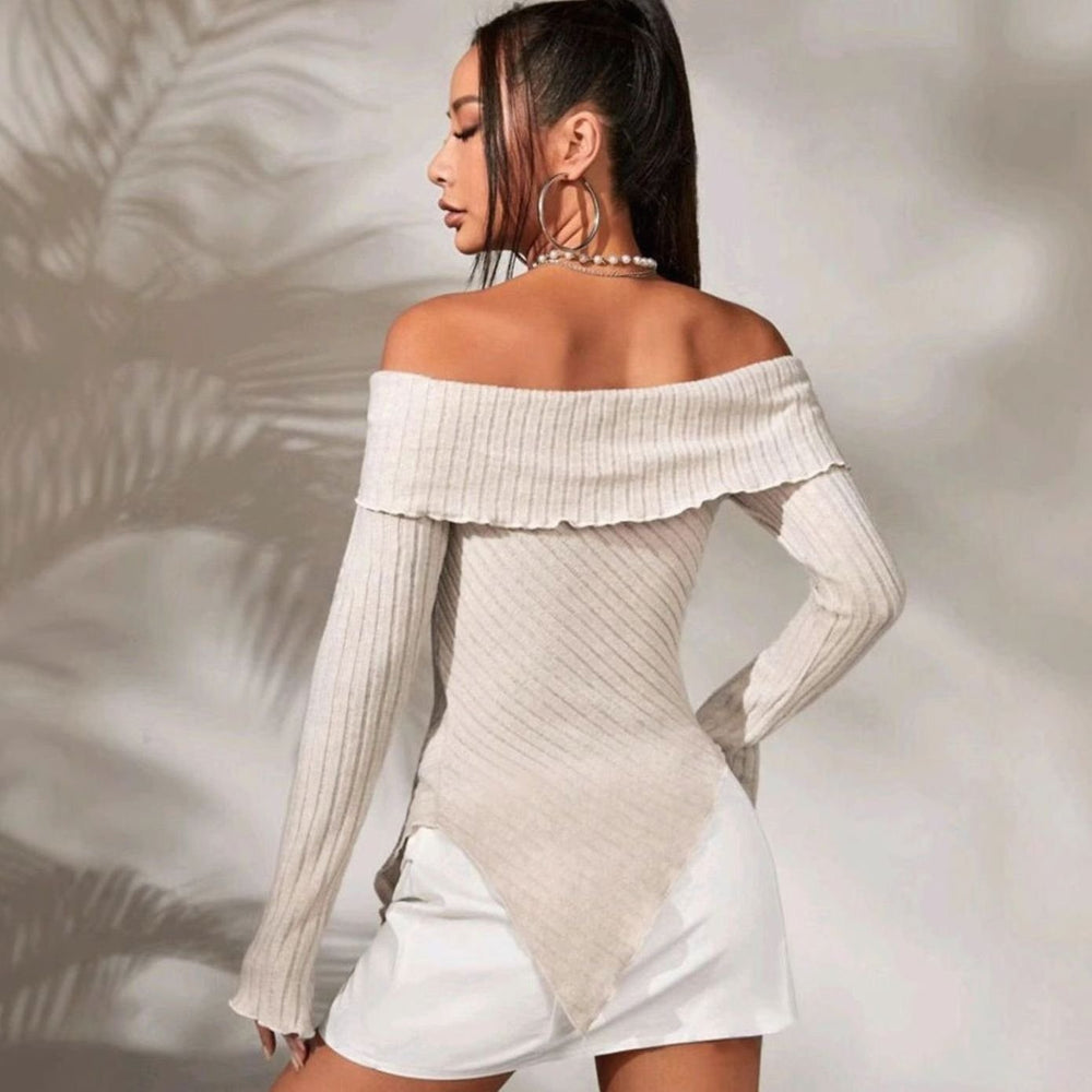 Women's Off-Shoulder Ribbed Knit Asymmetric Hem Long-Sleeve Top, Beige