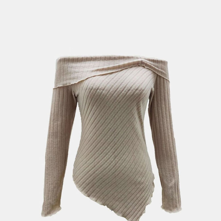 Women's Off-Shoulder Ribbed Knit Asymmetric Hem Long-Sleeve Top, Beige