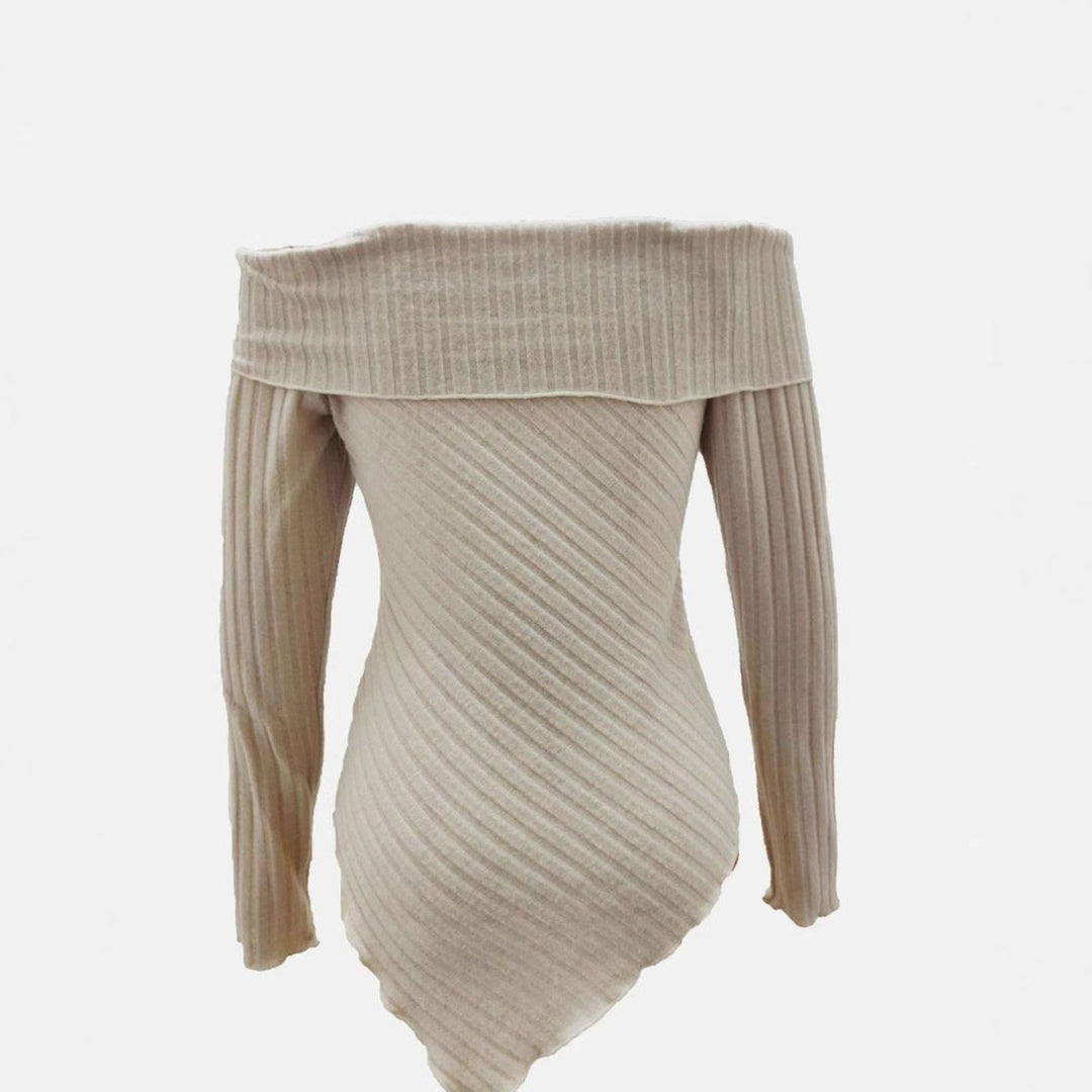 Women's Off-Shoulder Ribbed Knit Asymmetric Hem Long-Sleeve Top, Beige