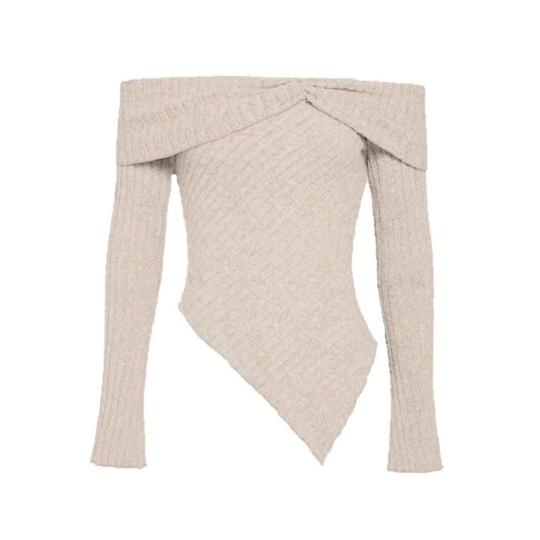 Women's Off-Shoulder Ribbed Knit Asymmetric Hem Long-Sleeve Top, Beige