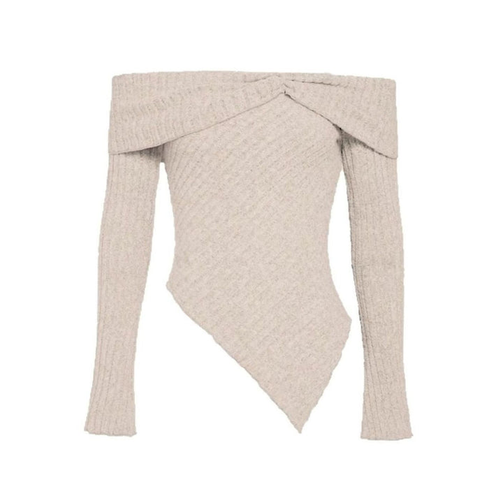 Women's Off-Shoulder Ribbed Knit Asymmetric Hem Long-Sleeve Top, Beige
