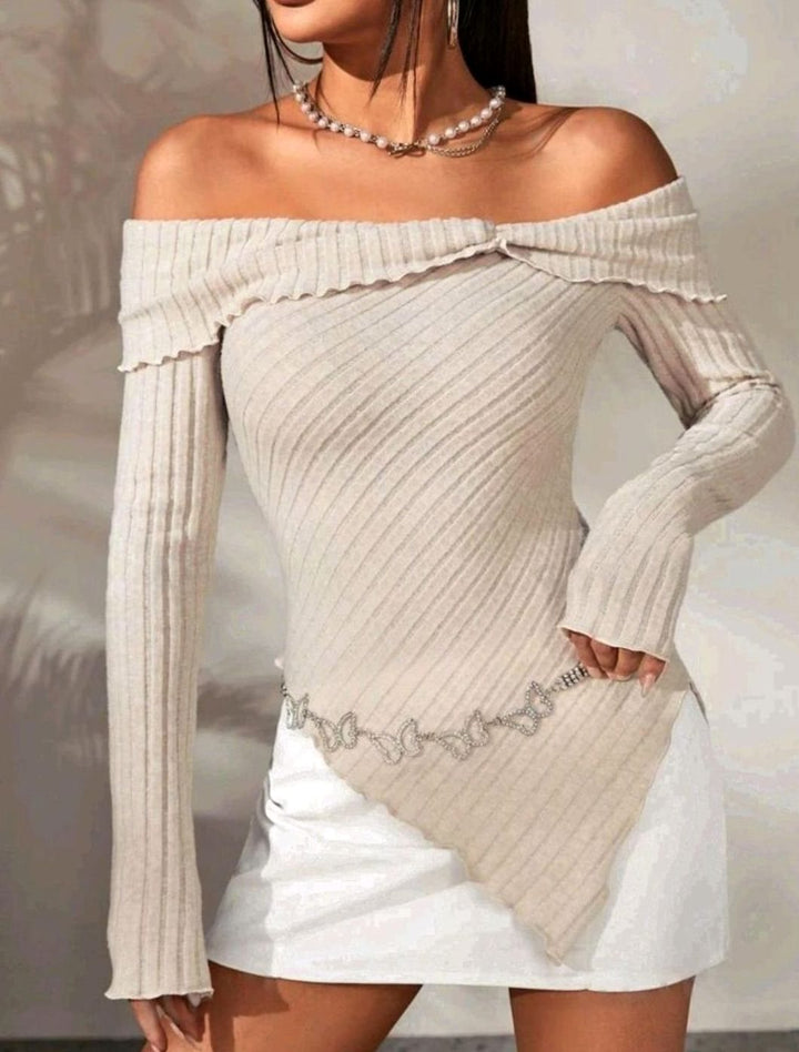 Women's Off-Shoulder Ribbed Knit Asymmetric Hem Long-Sleeve Top, Beige - Apricot