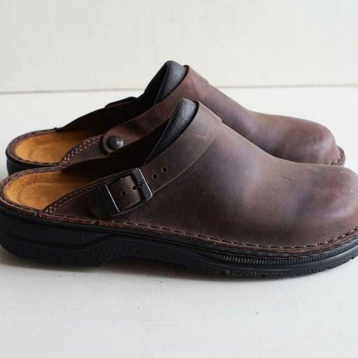 Women's Oiled Leather Buckle-Strap Slip-On Mule Clogs