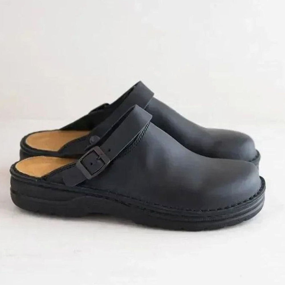 Women's Oiled Leather Buckle-Strap Slip-On Mule Clogs
