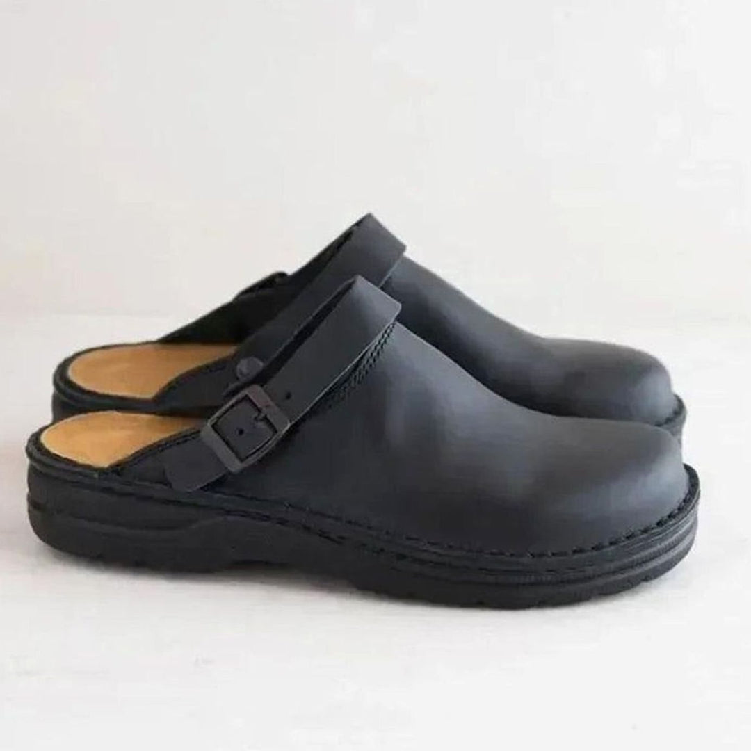 Women's Oiled Leather Buckle-Strap Slip-On Mule Clogs
